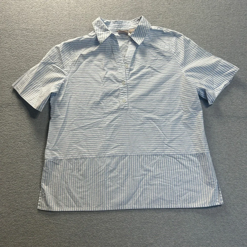 Chico's Popover Blouse Womens Size 1 Blue White Stripe Short Sleeve Collared Top